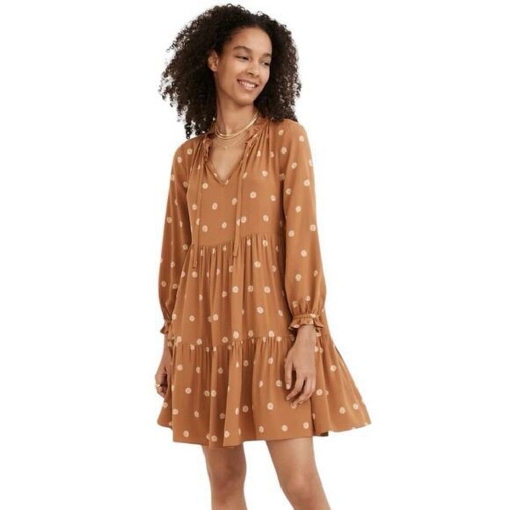 Madewell Women Small Tie-Neck Tiered Mini Dress in Bloom Dot Brown & White Flowy